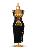 Elegant Black Cut-Out Performance Dress with Gold Coin Trim