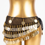 Deluxe Black & Gold Mesh Hip Scarf with Mixed-Tone Coins and Gold Beading