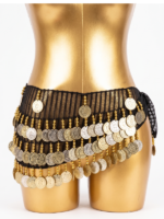 Deluxe Black & Gold Mesh Hip Scarf with Mixed-Tone Coins and Gold Beading