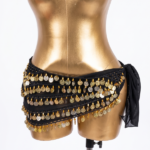 Classic Black Chiffon Belly Dance Hip Scarf with Four-Tiered Gold Coins