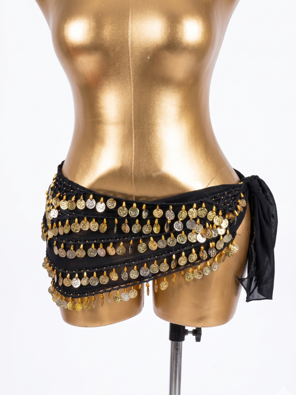 55 Classic Black Chiffon Belly Dance Hip Scarf with Four-Tiered Gold Coins - Image 1