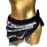 Essential Black Chiffon Belly Dance Hip Scarf with Four-Tiered Silver Coins