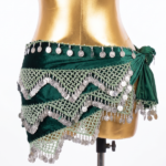 Luxurious Emerald Green Velvet Belly Dance Hip Scarf with Intricate Silver Coin Crochet