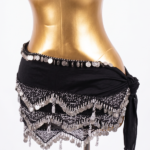 Luxurious Black Velvet Belly Dance Hip Scarf with Intricate Silver Coin Crochet