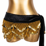 Luxurious Black Velvet Belly Dance Hip Scarf with Intricate Gold Beading and Coins