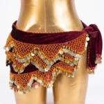 Luxurious Burgundy Velvet Belly Dance Hip Scarf with Intricate Gold Beading and Coins