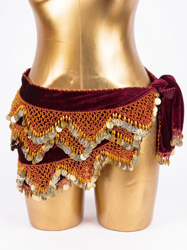 61 Luxurious Burgundy Velvet Belly Dance Hip Scarf with Intricate Gold Beading and Coins - Image 1