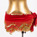 Luxurious Red Velvet Belly Dance Hip Scarf with Intricate Gold Coin Crochet