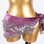 Luxurious Mauve Velvet Belly Dance Hip Scarf with Intricate Silver Coin Crochet
