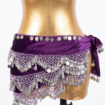 Luxurious Royal Purple Velvet Belly Dance Hip Scarf with Intricate Silver Coin Crochet