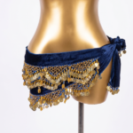 Luxurious Navy Blue Velvet Belly Dance Hip Scarf with Intricate Gold Beading and Coins