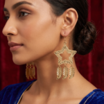 Celestial Gold-Tone Star Drop Earrings with Textured Leaf Charms