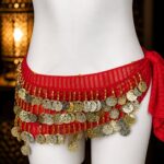 Classic Red Mesh Belly Dance Hip Scarf with Tiered Gold Coins - Image 2