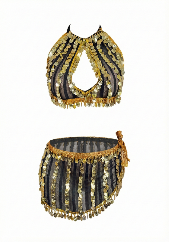 7 Glamorous Black Mesh & Gold Coin Two-Piece Dance Set DS0007 - Image 1