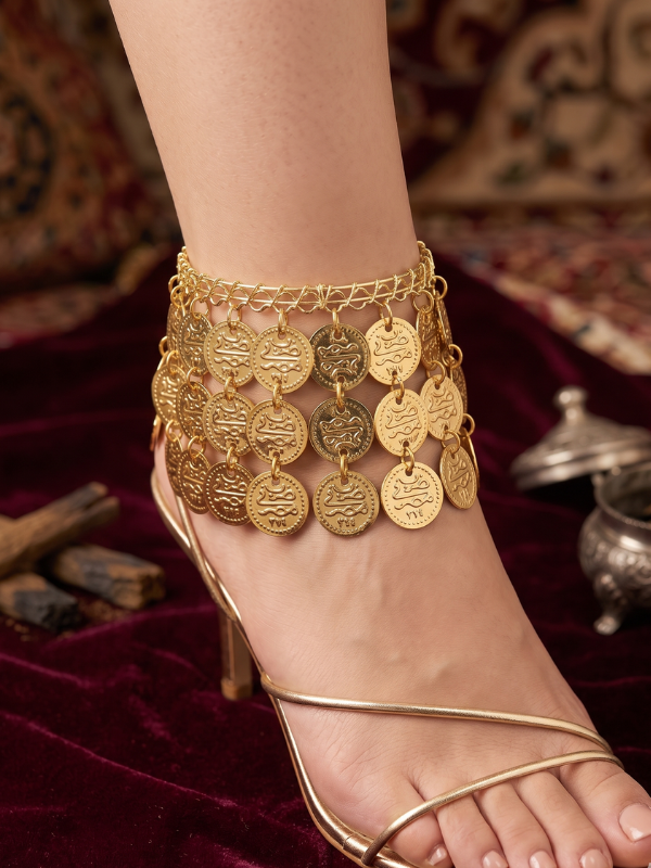 71 Bohemian Gold-Tone Multi-Tiered Coin Anklet with Intricate Woven Band - Image 1
