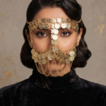 Exquisite Gold-Tone Coin Face Veil with Intricate Floral Band and Draping Chains