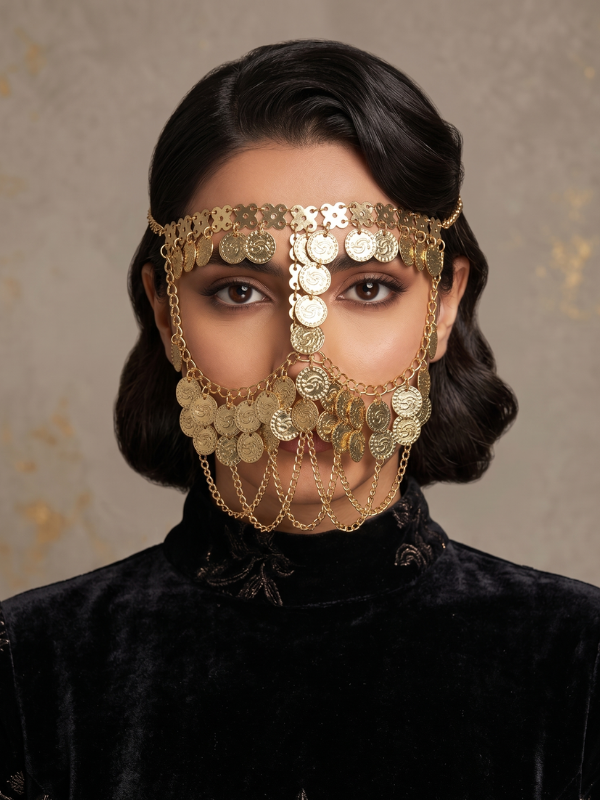 72 Exquisite Gold-Tone Coin Face Veil with Intricate Floral Band and Draping Chains - Image 1