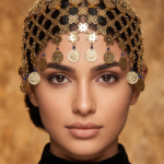 Exquisite Gold-Tone Coin Cap Headpiece with Intricate Mesh Design