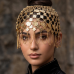 Exquisite Gold-Tone Coin Cap Headpiece with Intricate Mesh and Draping Chains