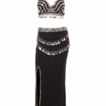 Elegant Black & Silver Belly Dance Two-Piece Set with High Slit Skirt DS0009