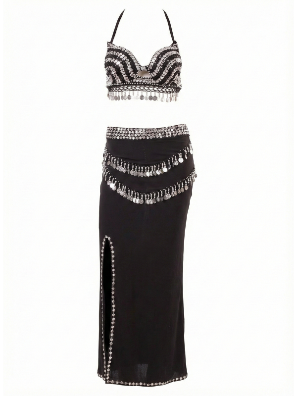9 Elegant Black & Silver Belly Dance Two-Piece Set with High Slit Skirt DS0009 - Image 1