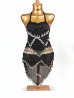 Elegant Black Mesh & Silver Coin Halter Dance Outfit