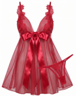 Elegant Lace & Sheer Mesh Babydoll Set with Satin Bow - One Size (50-80 kg) - Image 3