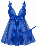Elegant Lace & Sheer Mesh Babydoll Set with Satin Bow - One Size (50-80 kg) - Image 2