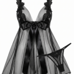 Elegant Lace & Sheer Mesh Babydoll Set with Satin Bow - One Size (50-80 kg)