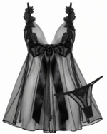 Elegant Lace & Sheer Mesh Babydoll Set with Satin Bow - One Size (50-80 kg)