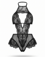 Seductive Halter Neck Floral Lace Teddy Bodysuit - One Size (50-80 kg)