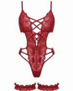 Seductive Lace-Up Floral Teddy with Matching Thigh Bands - One Size (50-80 kg) - Image 2