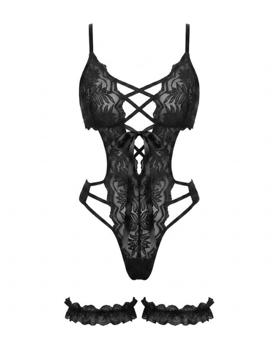 27 Seductive Lace-Up Floral Teddy with Matching Thigh Bands - One Size (50-80 kg) - Image 1