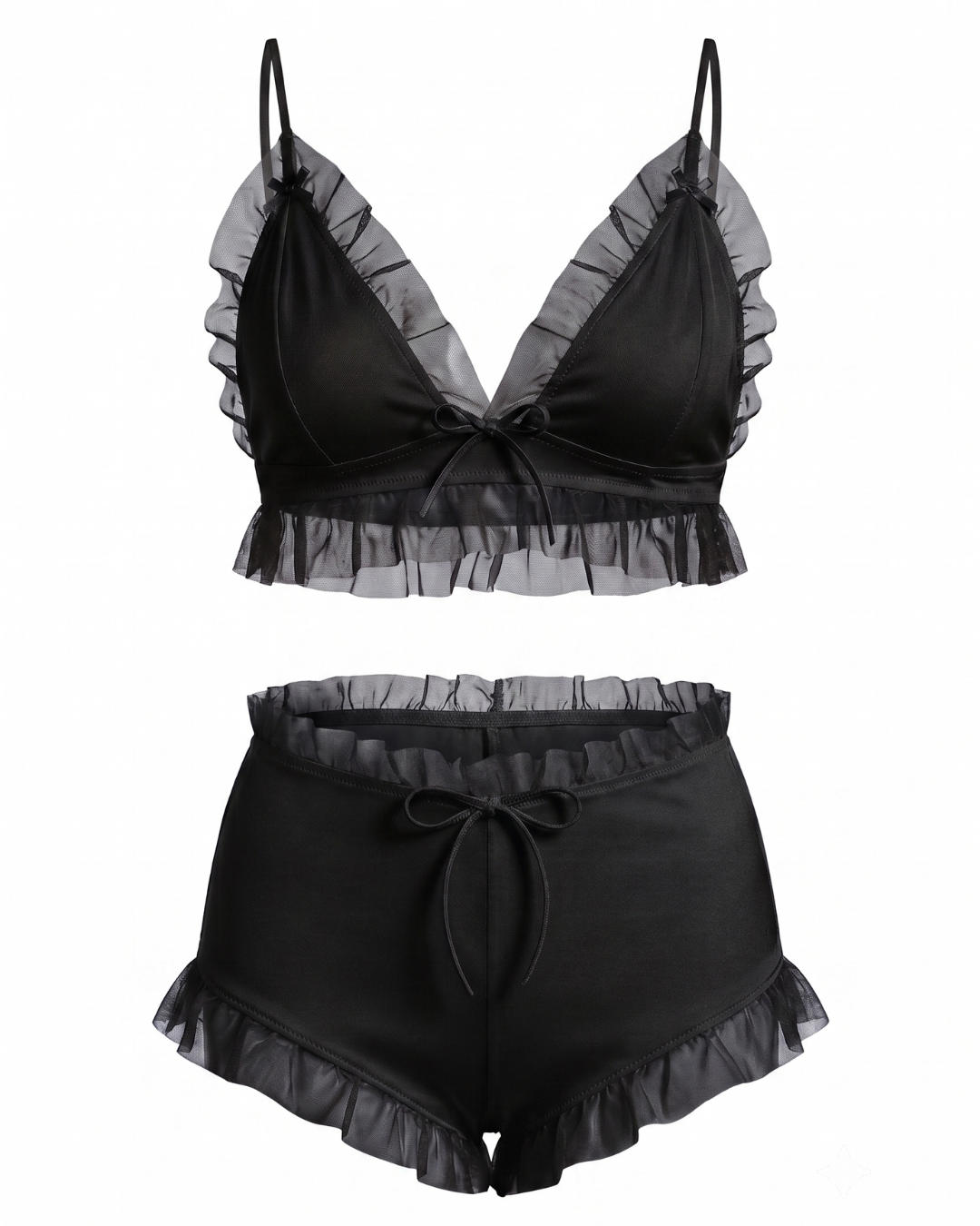 33 Playful Ruffled Mesh Two-Piece Bralette & Shorts Set - One Size (50-80 kg) - Image 1