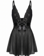 Seductive Deep V Babydoll Chemise Nightgown with Elegant Lace Bodice & Large Satin Bow Accent. Short Slip Dress Sleepwear.