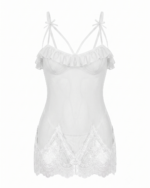 Seductive Sheer Mesh & Lace Ruffled Chemise with Strappy Cutout Details