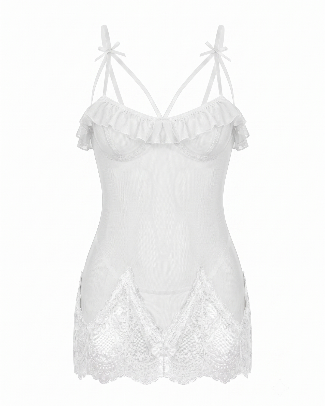 60 Seductive Sheer Mesh & Lace Ruffled Chemise with Strappy Cutout Details - Image 1