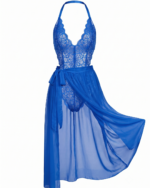 Elegant Floral Lace Halter Bodysuit & Flowy Chiffon Skirt Set - Image 2