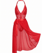 Elegant Floral Lace Halter Bodysuit & Flowy Chiffon Skirt Set - Image 3