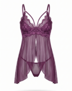 Seductive Lace & Sheer Mesh Split-Front Babydoll Lingerie Set - Image 2