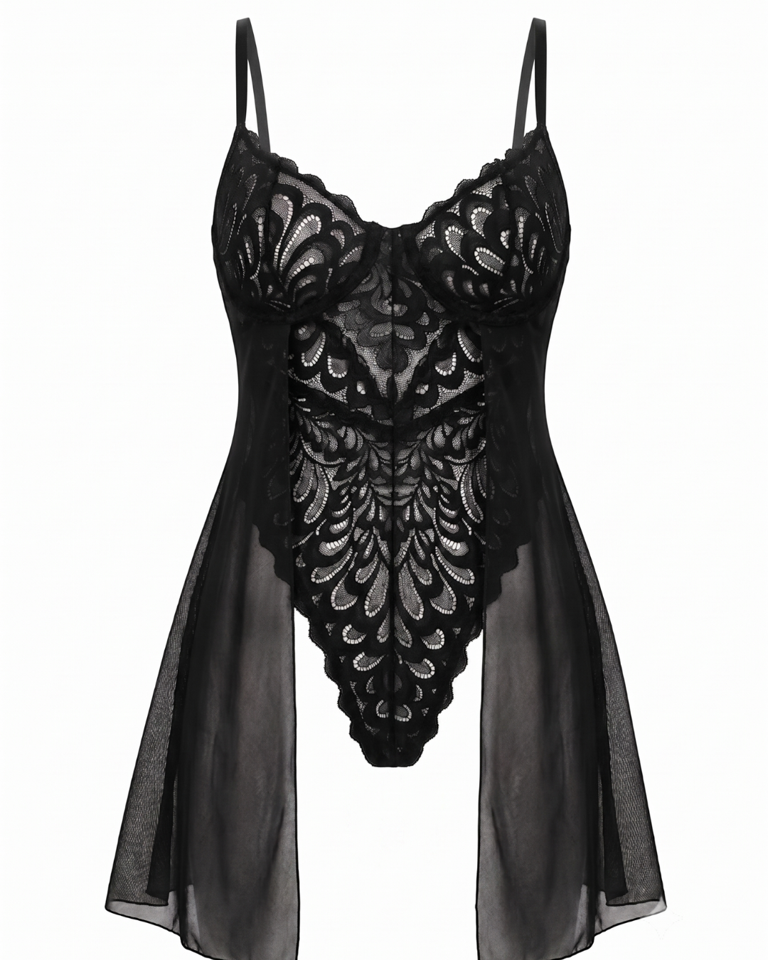 72 Exquisite Lace Teddy Bodysuit with Flowy Sheer Side Skirts - Image 1