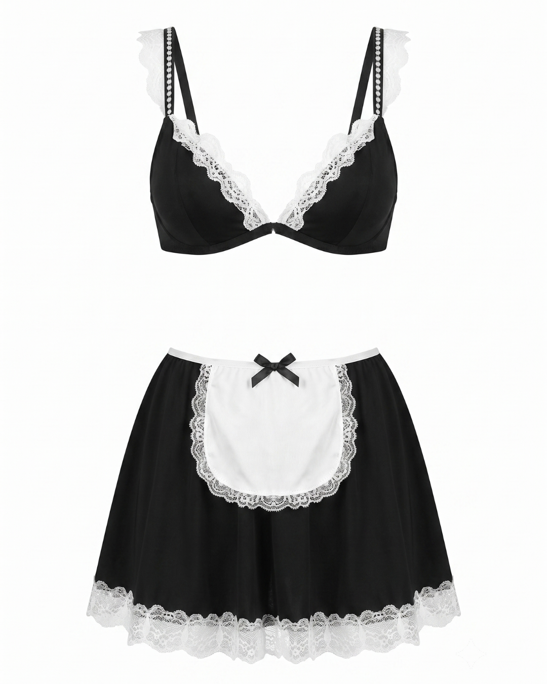 78 Playful French Maid Two-Piece Lingerie Set – Lace-Trimmed Bralette & Mini Skirt with Apron - Image 1