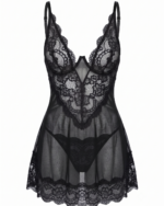 Seductive Sheer Lace & Mesh Babydoll Chemise with Matching Thong