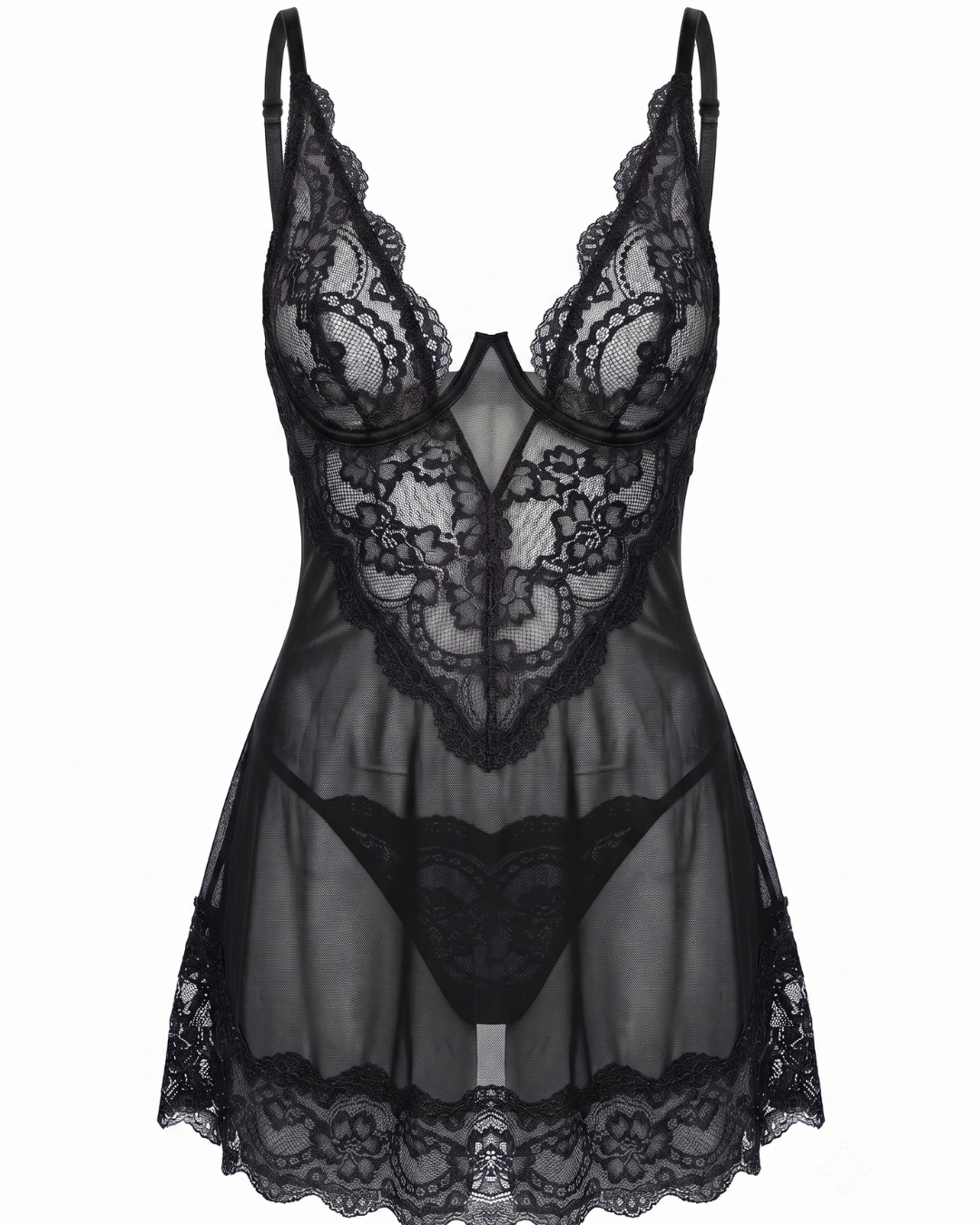 81 Seductive Sheer Lace & Mesh Babydoll Chemise with Matching Thong - Image 1