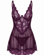 Seductive Sheer Lace & Mesh Babydoll Chemise with Matching Thong - Image 2