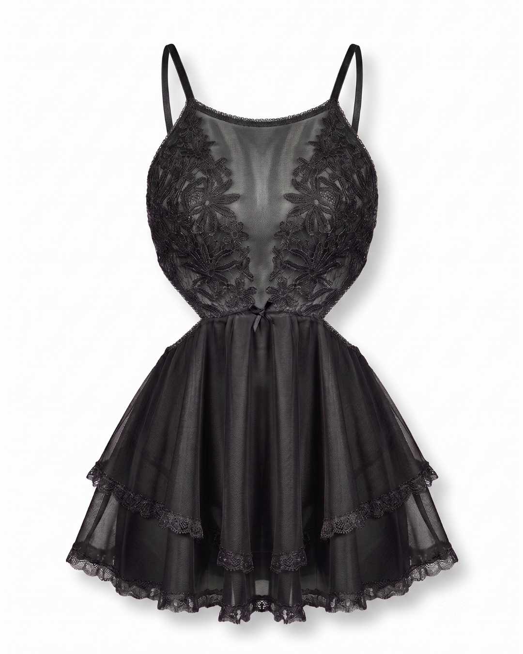 9 Alluring Floral Lace & Sheer Mesh Tiered Babydoll - One Size (50-80 kg) - Image 1