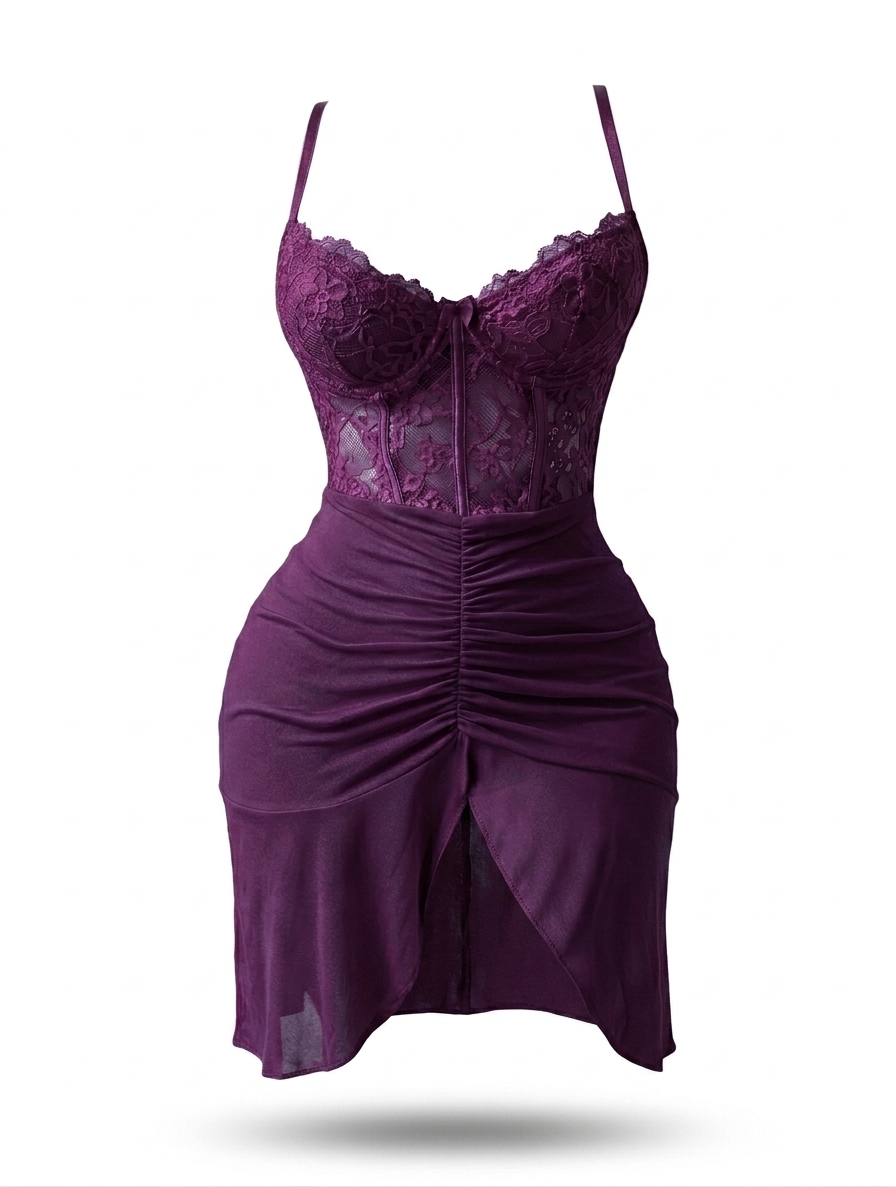Gemini_Generated_Image_cyty9ucyty9ucyty Lace Corset Mini Dress with Ruched Skirt & Front Slit – Available in Multiple Colors – One Size (50-80 kg) - Image 1