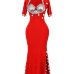 Red Belly Dance Dress with Silver Sequin Embellishments