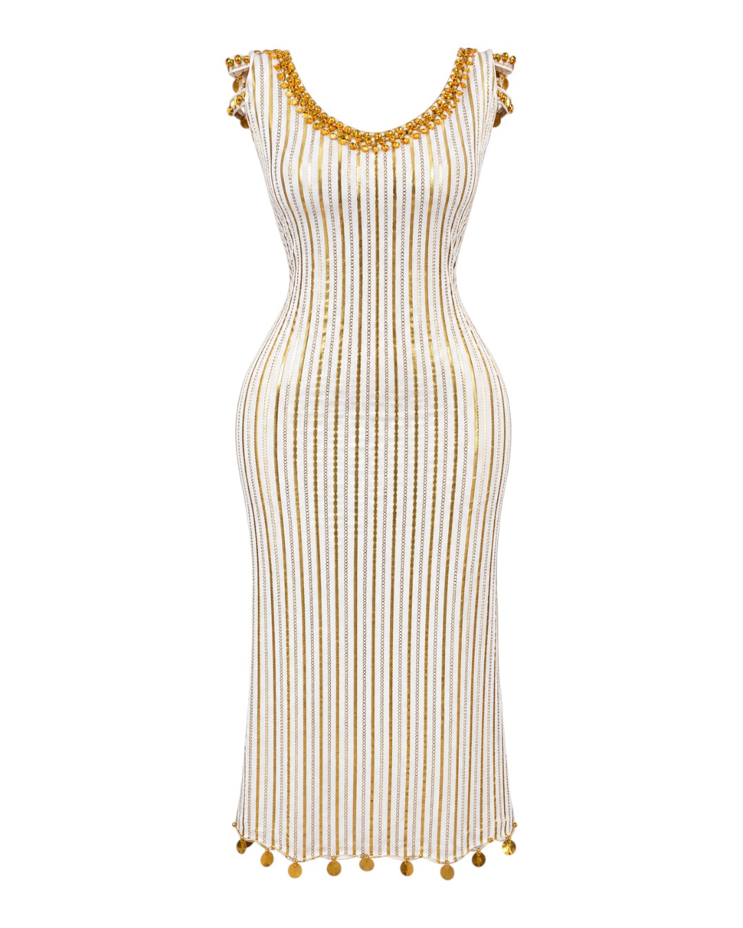 ChatGPT Image Sep 14, 2026, 02_07_24 PM White and Gold Belly Dance Dress with Coin Embellishments - Image 1