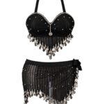 Black Belly Dance Bra and Skirt Set with Silver Coins